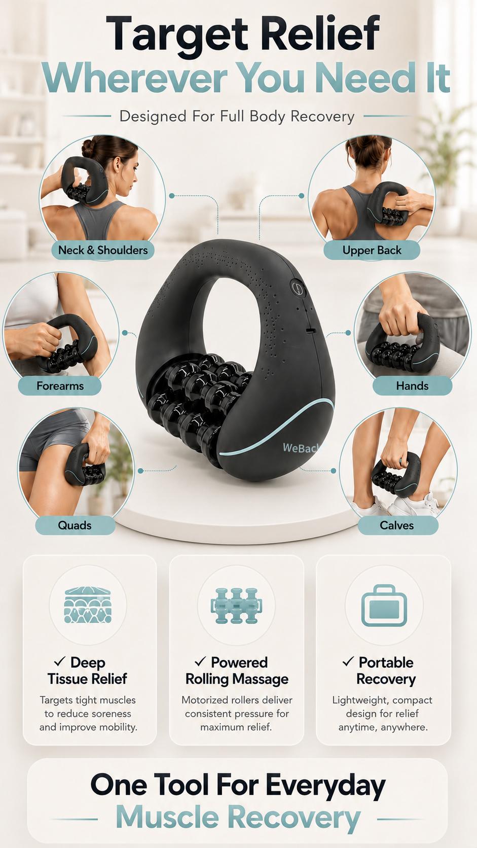 [Father's Day Gift] WeBack Handheld electric rolling massager provides full-body relief for deep tissues and muscle with 3-speed rotation. summerwins