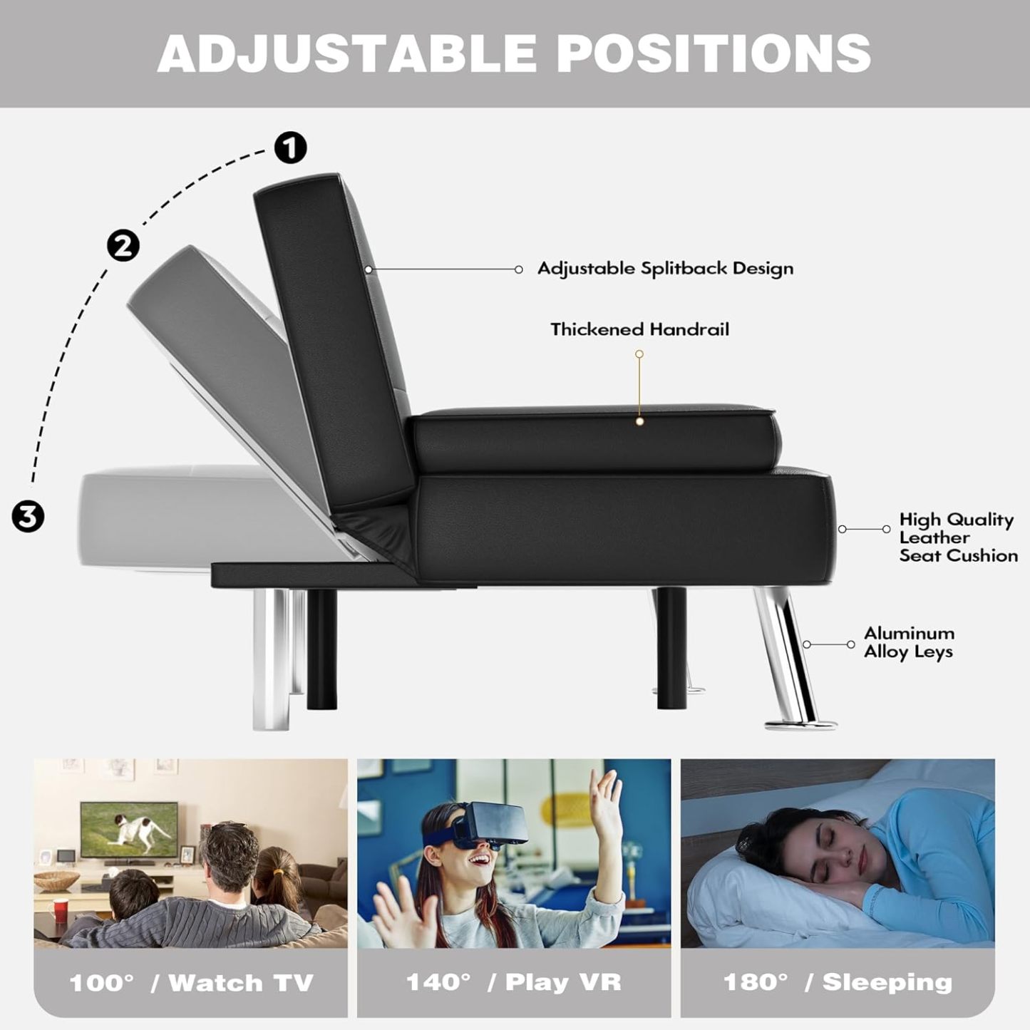JUMMICO - Sofá cama plegable de piel sintética tapizada moderna y convertible con reposabrazos extraíbles, sofá reclinable ajustable con 2 portavasos para sala de estar (piel, café)