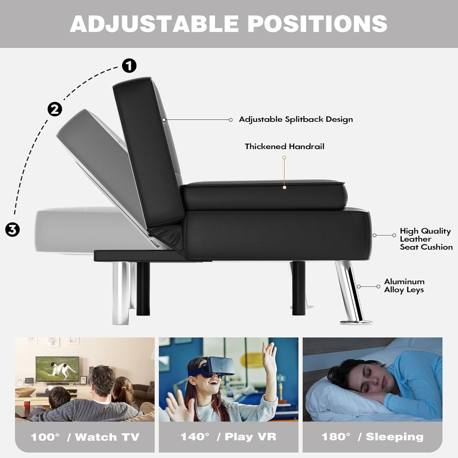 JUMMICO - Sofá cama plegable de piel sintética tapizada moderna y convertible con reposabrazos extraíbles, sofá reclinable ajustable con 2 portavasos para sala de estar (piel, café)
