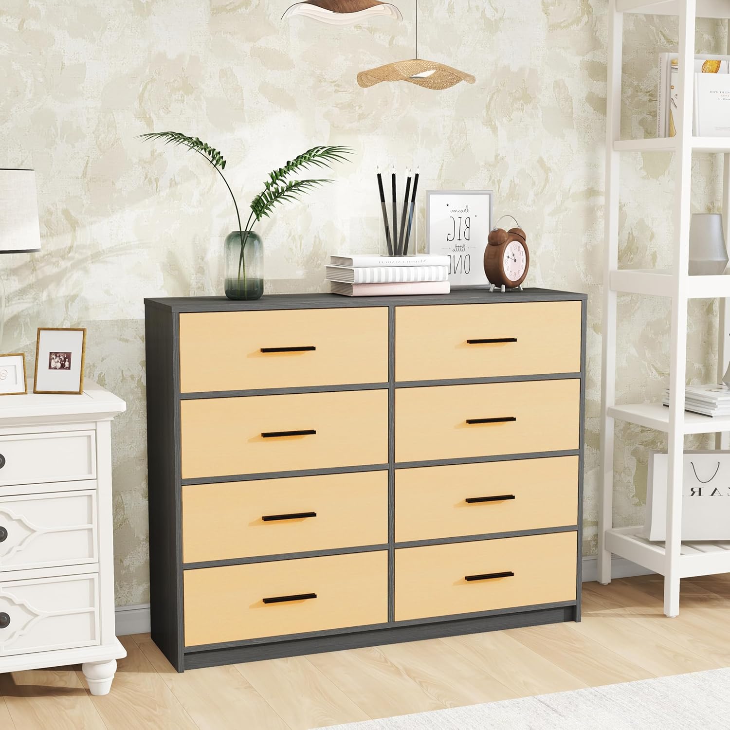 MU:4LIFE Cómoda Elegancia De 6 Cajones, Almacenamiento para Hogar Y Oficina, Organizador Cajonera De Estructura Madera y Cajones De Tela No Tejida y Cubiertas De MDF (Negro y Madera, 6 Cajones)