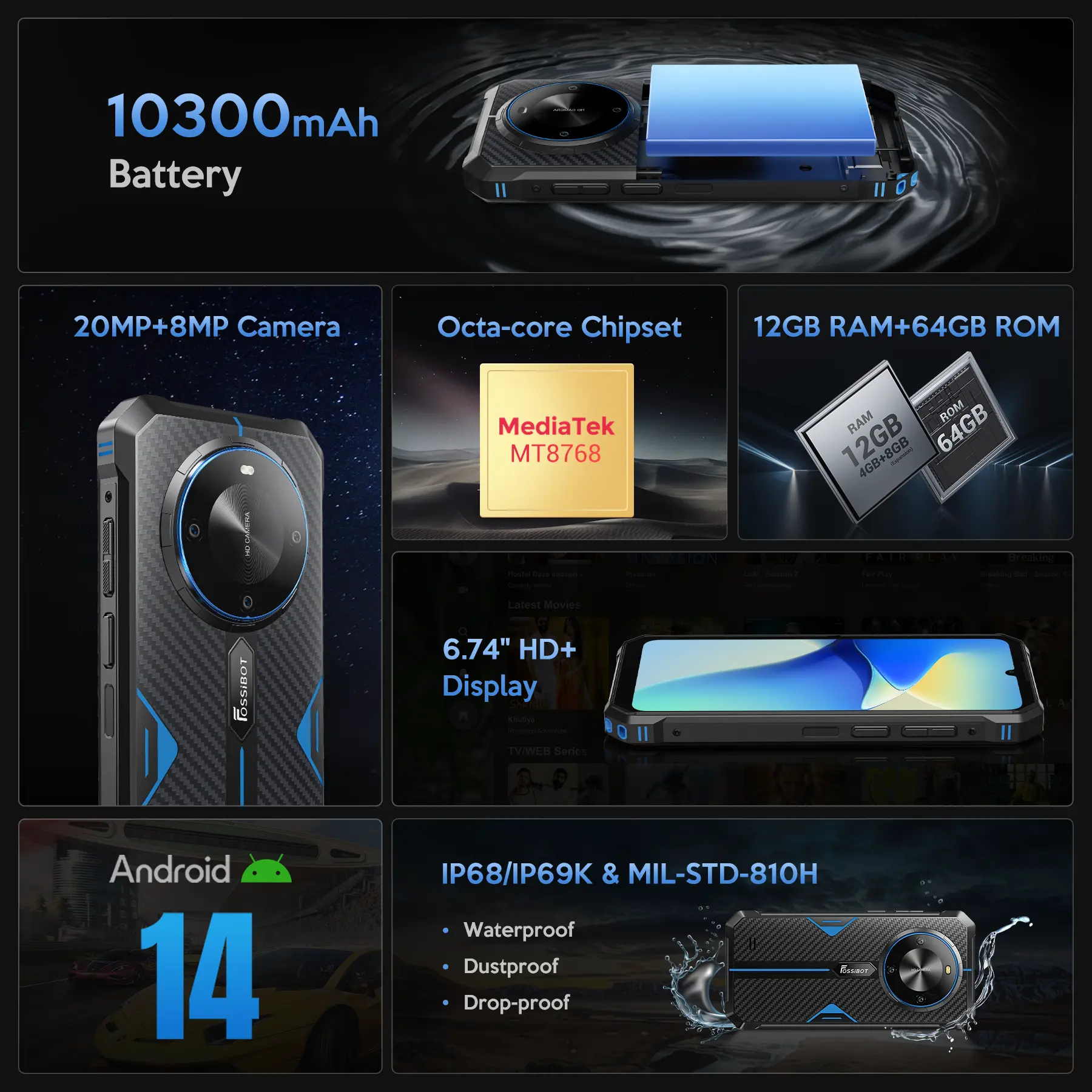 Teléfono ultrarresistente FOSSIBOT F105, 10300 mAh, IP68, Android 14