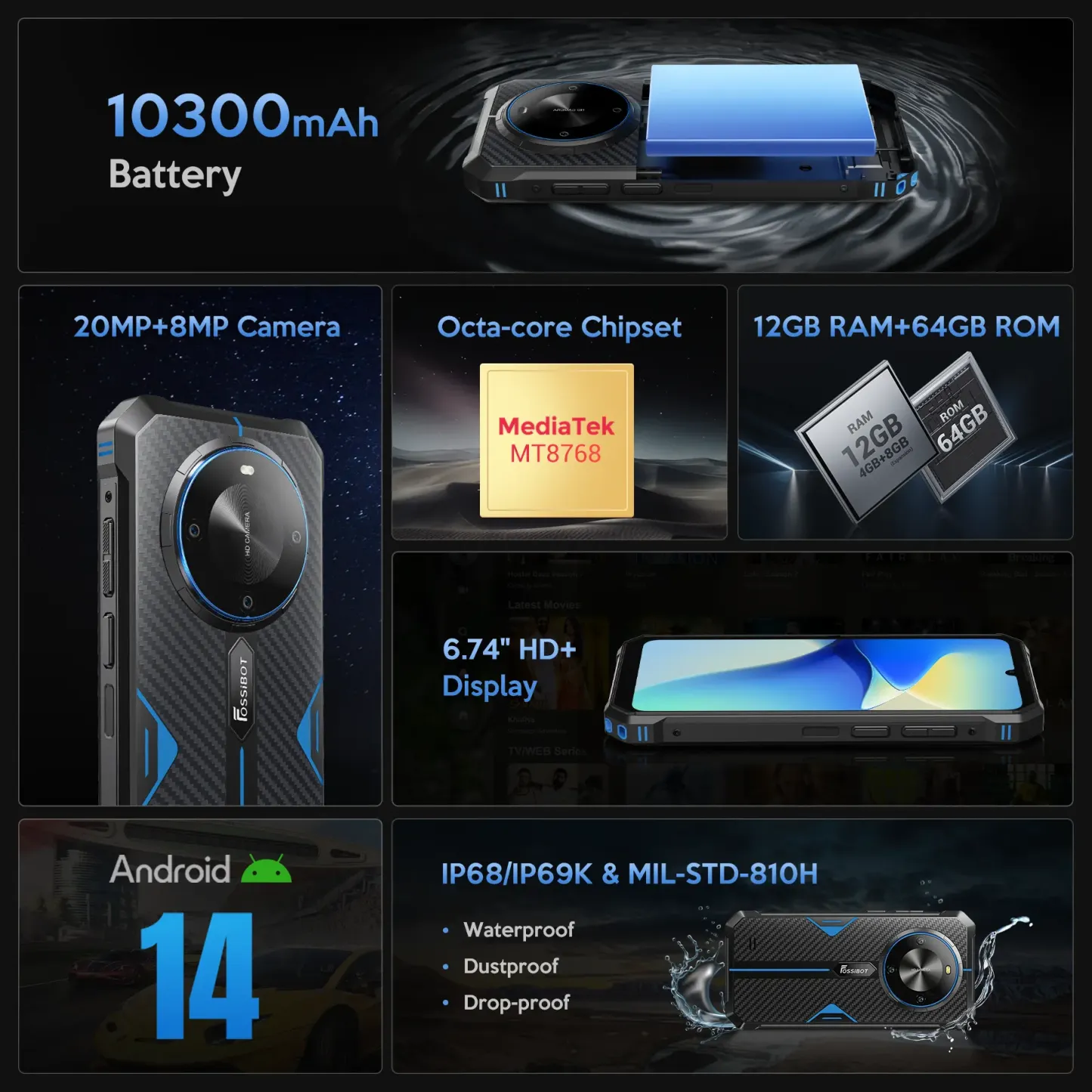 Teléfono ultrarresistente FOSSIBOT F105, 10300 mAh, IP68, Android 14