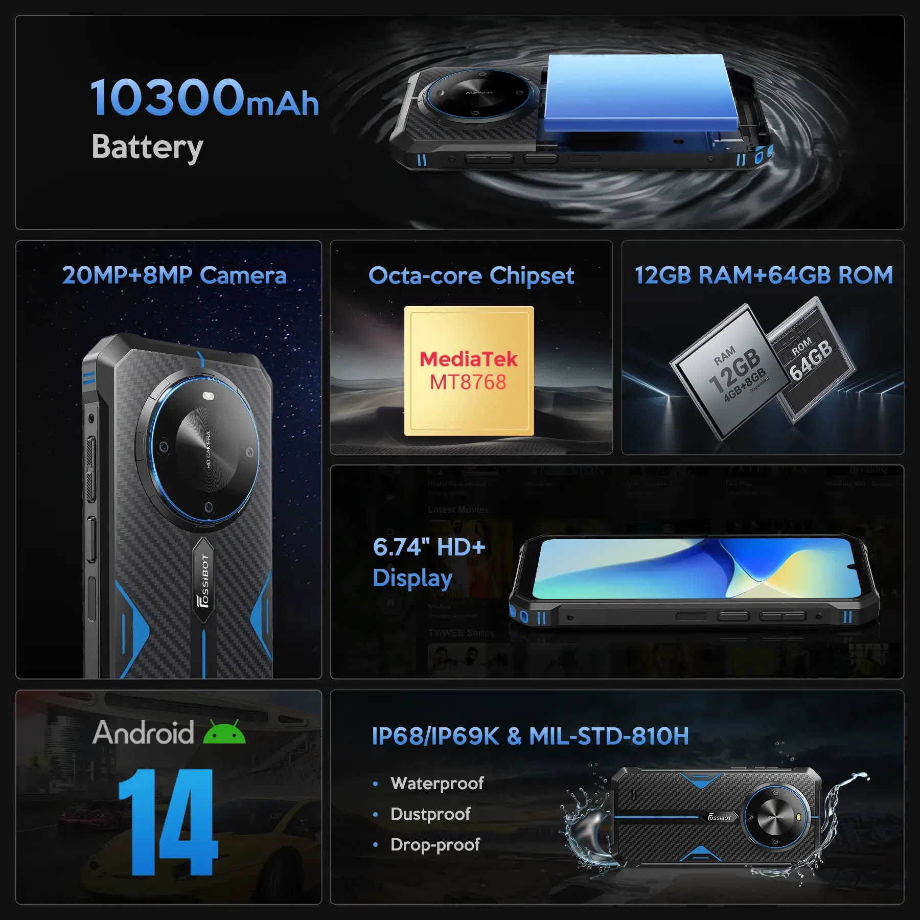Teléfono ultrarresistente FOSSIBOT F105, 10300 mAh, IP68, Android 14