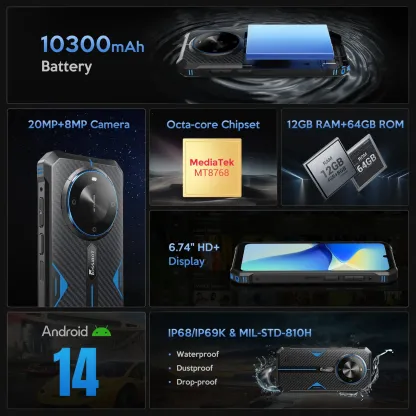 Teléfono ultrarresistente FOSSIBOT F105, 10300 mAh, IP68, Android 14
