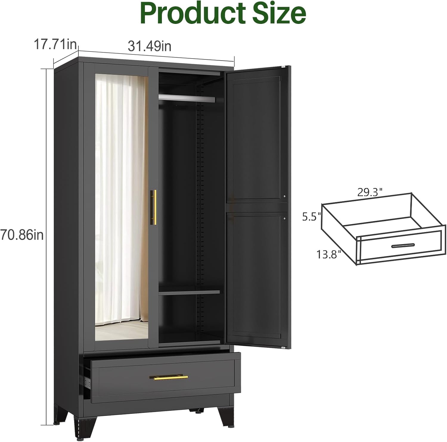 Metal Armoire Wardrobe Closet with 2 Drawers, 71" Wardrobe Cabinet with Adjustable Shelves and Hanging Rod, Clothing Storage Cabinet Closet with Mirror for Bedroom-White