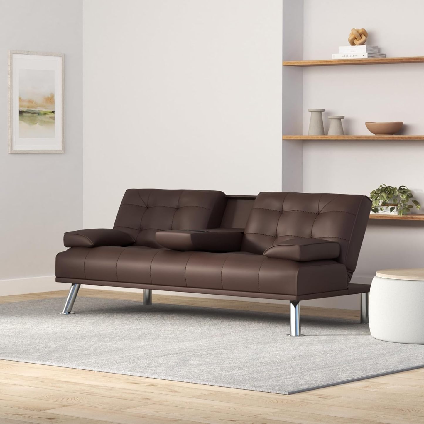 JUMMICO - Sofá cama plegable de piel sintética tapizada moderna y convertible con reposabrazos extraíbles, sofá reclinable ajustable con 2 portavasos para sala de estar (piel, café)