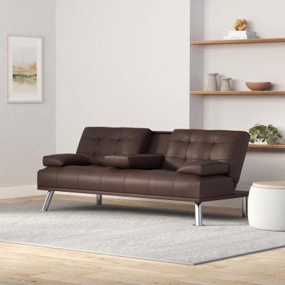 JUMMICO - Sofá cama plegable de piel sintética tapizada moderna y convertible con reposabrazos extraíbles, sofá reclinable ajustable con 2 portavasos para sala de estar (piel, café)