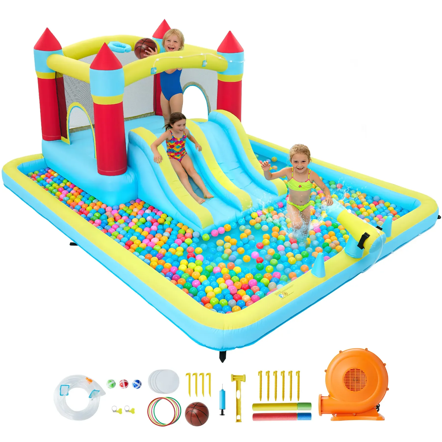 Tobogán acuático inflable con zona de saltos para niños: parque acuático y castillo hinchable de 15 x 12 pies para el jardín, con doble tobogán, piscina de chapoteo, canasta de baloncesto y soplador de alta resistencia; juguete de verano para exteriores.