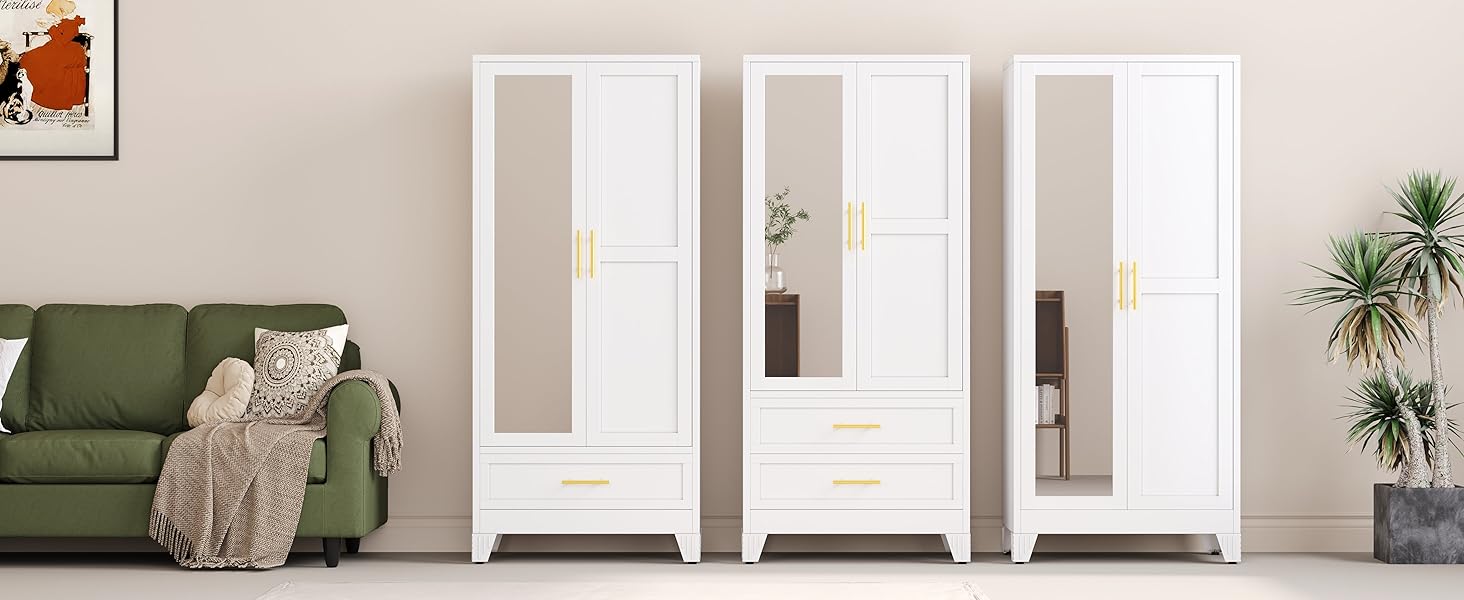 Metal Armoire Wardrobe Closet with 2 Drawers, 71" Wardrobe Cabinet with Adjustable Shelves and Hanging Rod, Clothing Storage Cabinet Closet with Mirror for Bedroom-White