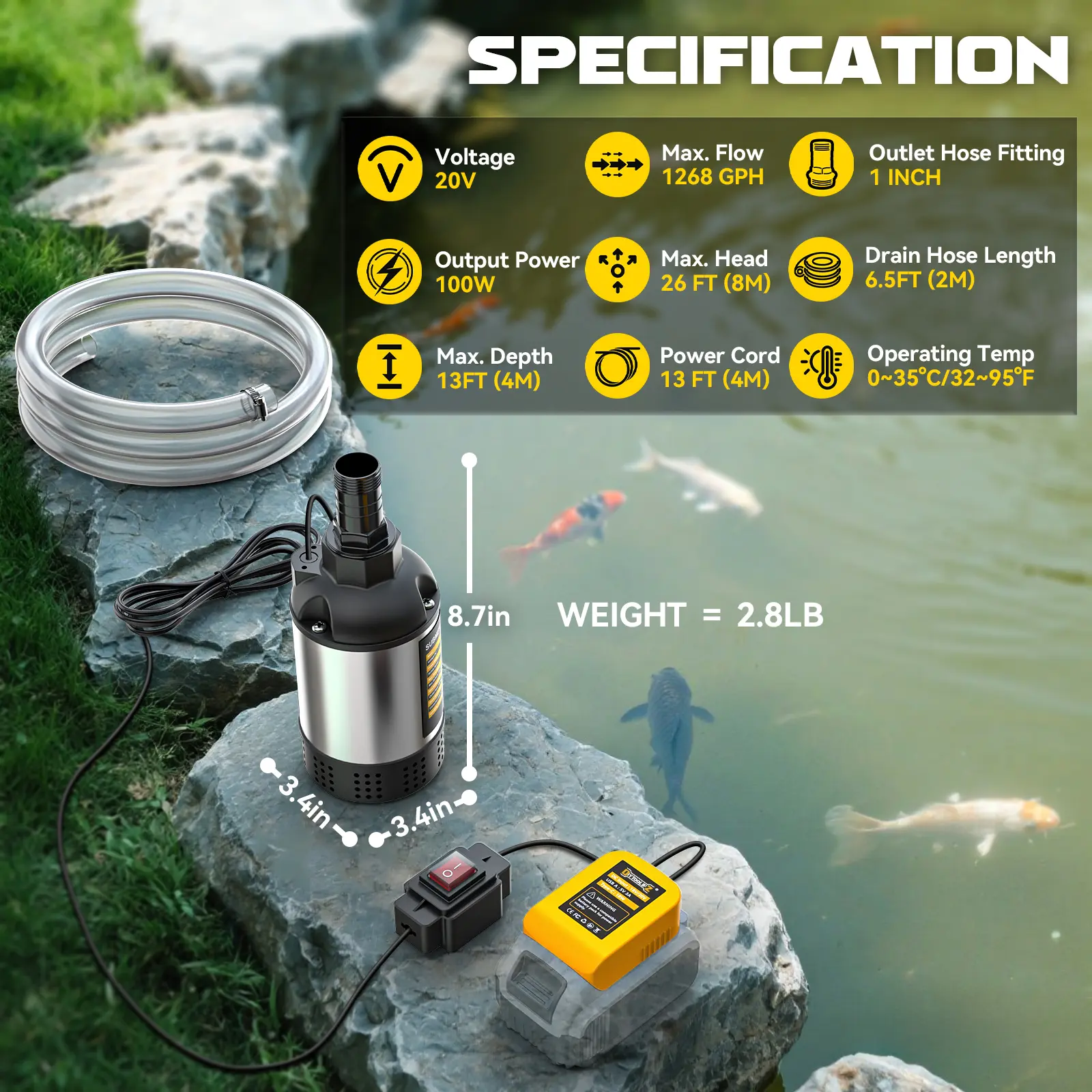 Bomba de agua sumergible inalámbrica para DeWalt 20V - 1268 GPH