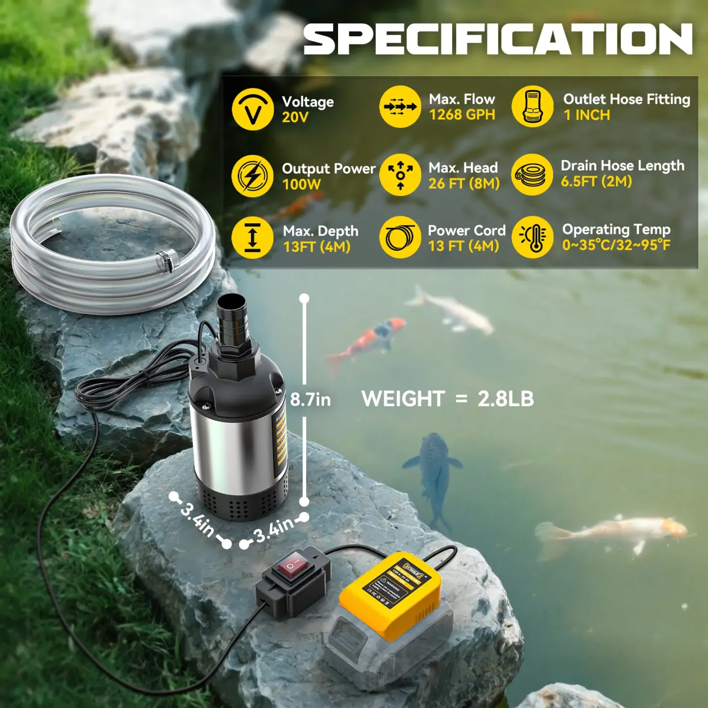 Bomba de agua sumergible inalámbrica para DeWalt 20V - 1268 GPH