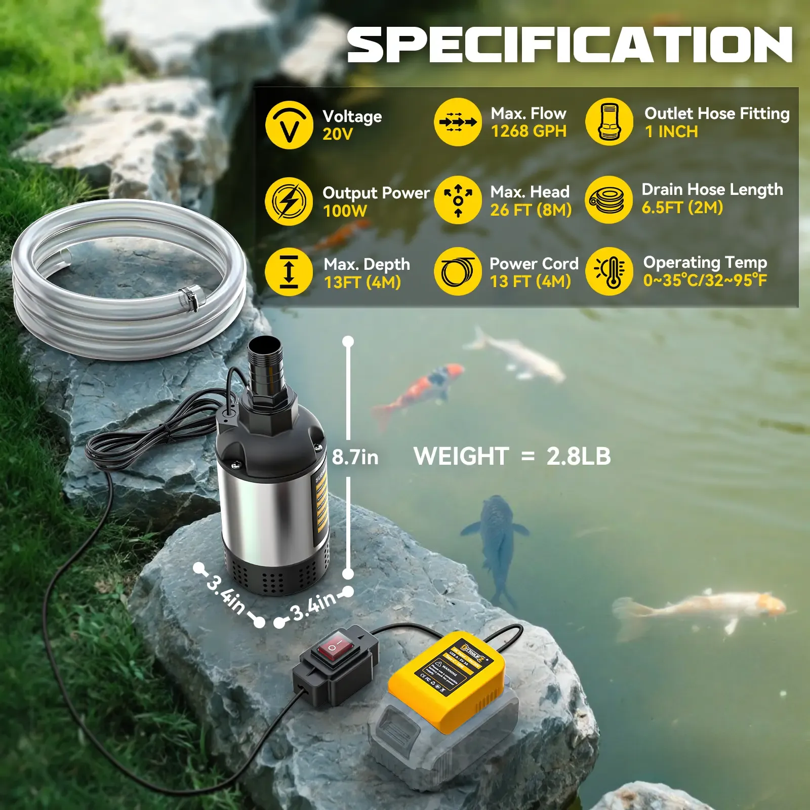 Bomba de agua sumergible inalámbrica para DeWalt 20V - 1268 GPH
