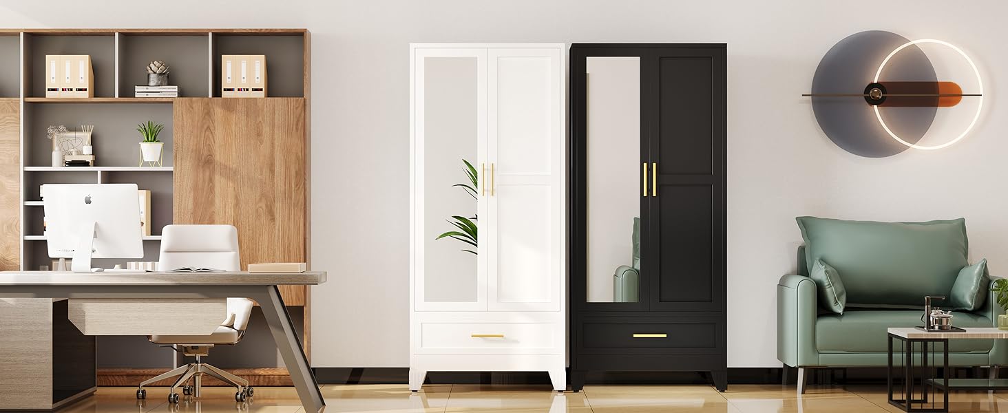 Metal Armoire Wardrobe Closet with 2 Drawers, 71" Wardrobe Cabinet with Adjustable Shelves and Hanging Rod, Clothing Storage Cabinet Closet with Mirror for Bedroom-White
