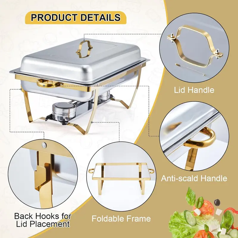 Juego de 8 recipientes rectangulares de acero inoxidable para mantener la comida caliente, ideales para catering.