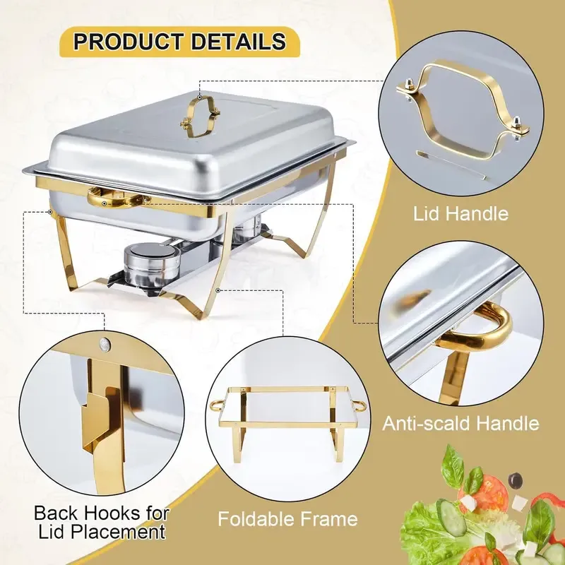 Juego de 8 recipientes rectangulares de acero inoxidable para mantener la comida caliente, ideales para catering.