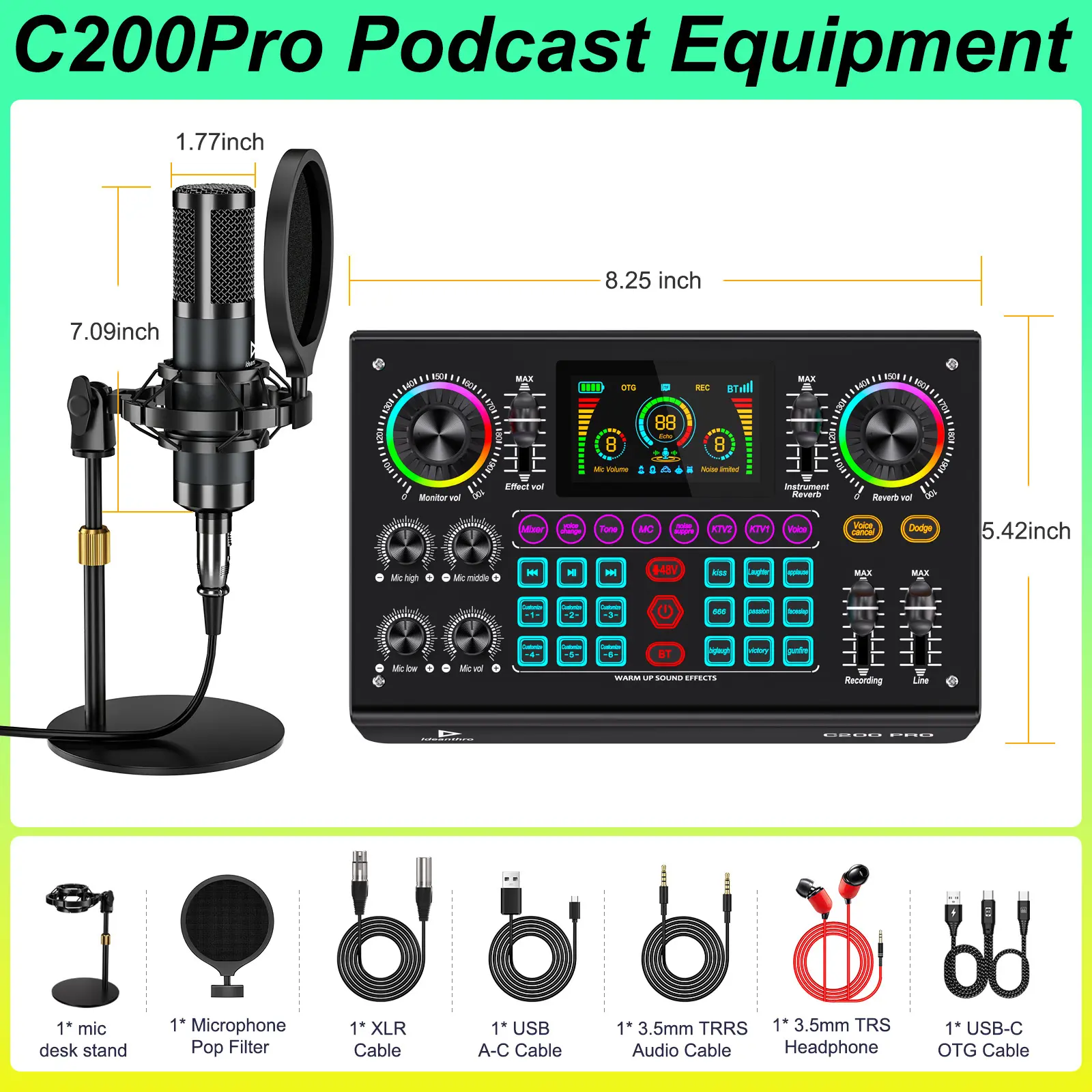 Kit de tarjeta de sonido Ideanthro C200 PRO-P15 | Procesador digital de señal (DSP) de doble núcleo | Mezclador de audio con conectividad para micrófono y auriculares | Cambiador de tono y voz ajustable | Equipo de streaming para PC y dispositivos móviles