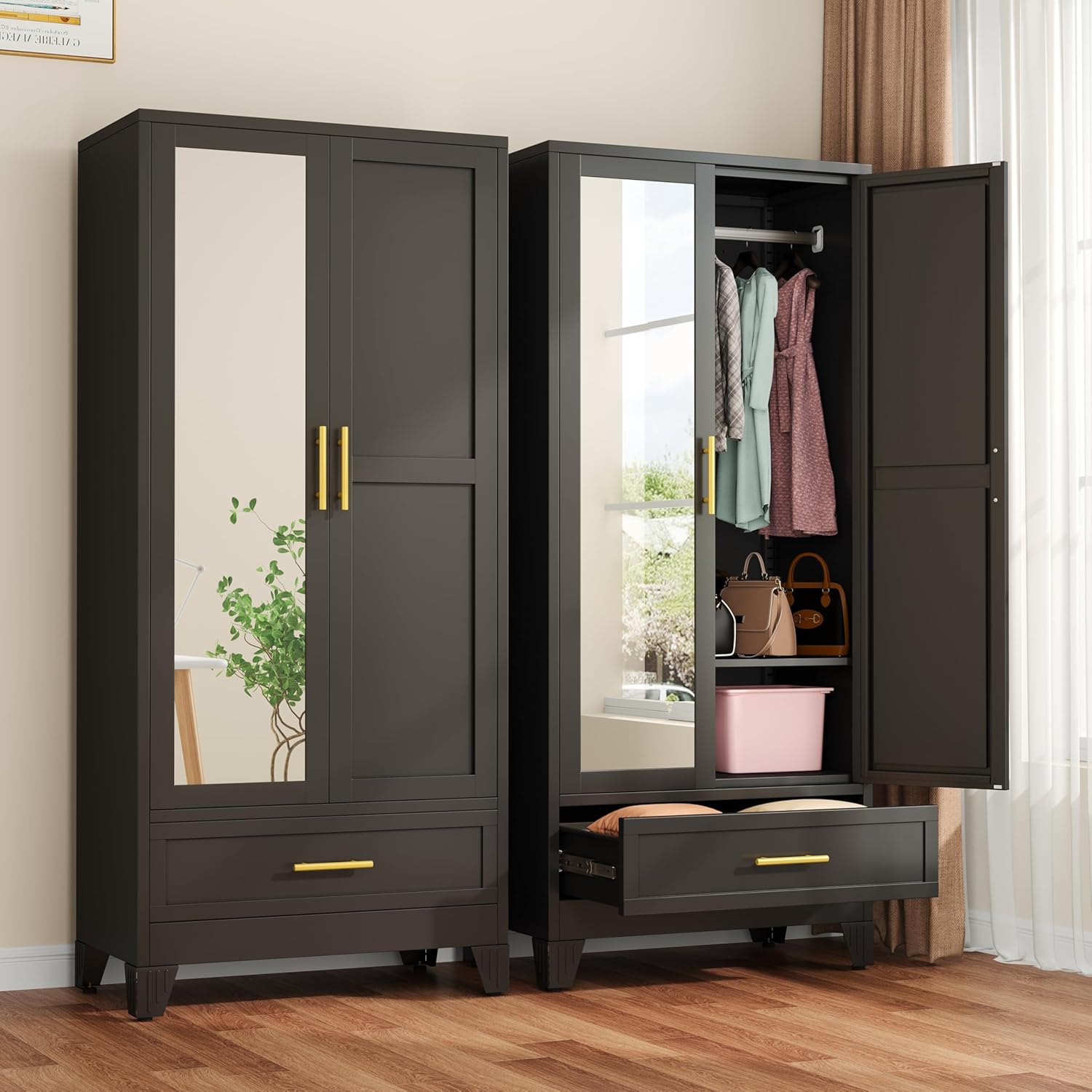 Metal Armoire Wardrobe Closet with 2 Drawers, 71" Wardrobe Cabinet with Adjustable Shelves and Hanging Rod, Clothing Storage Cabinet Closet with Mirror for Bedroom-White