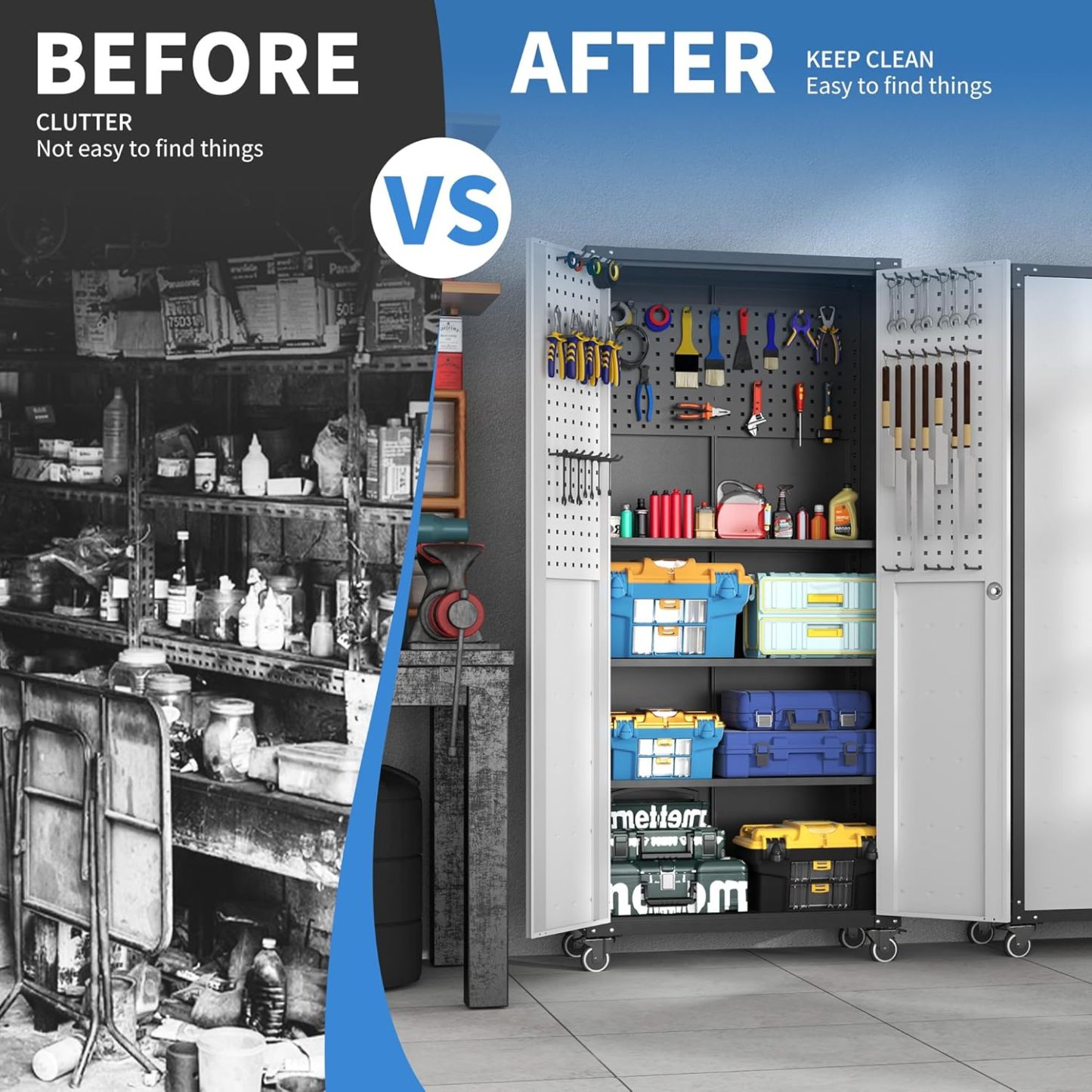 BIZOEIRON - clóset de almacenamiento de metal con ruedas, clóset de cochera con 1 puerta y 4 cajones, almacenamiento de herramientas rodantes, requiere montaje, color negro