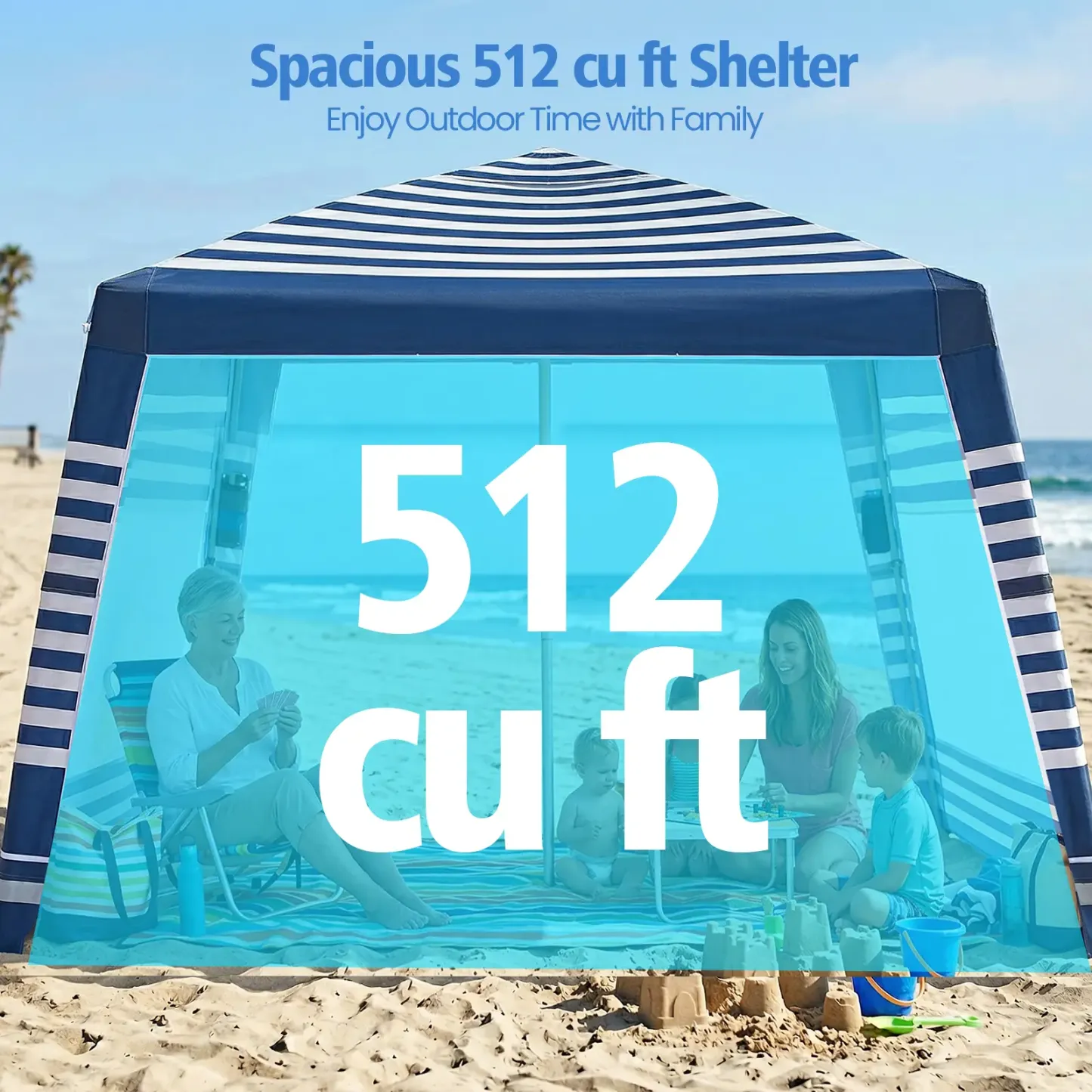 Cabaña de playa, tienda de playa de 8 x 8 pies con protección UPF50+, fácil de montar, resistente al viento, compacta y plegable; refugio solar ideal para vacaciones, camping y actividades al aire libre en verano con familiares y amigos (azul y blanco).