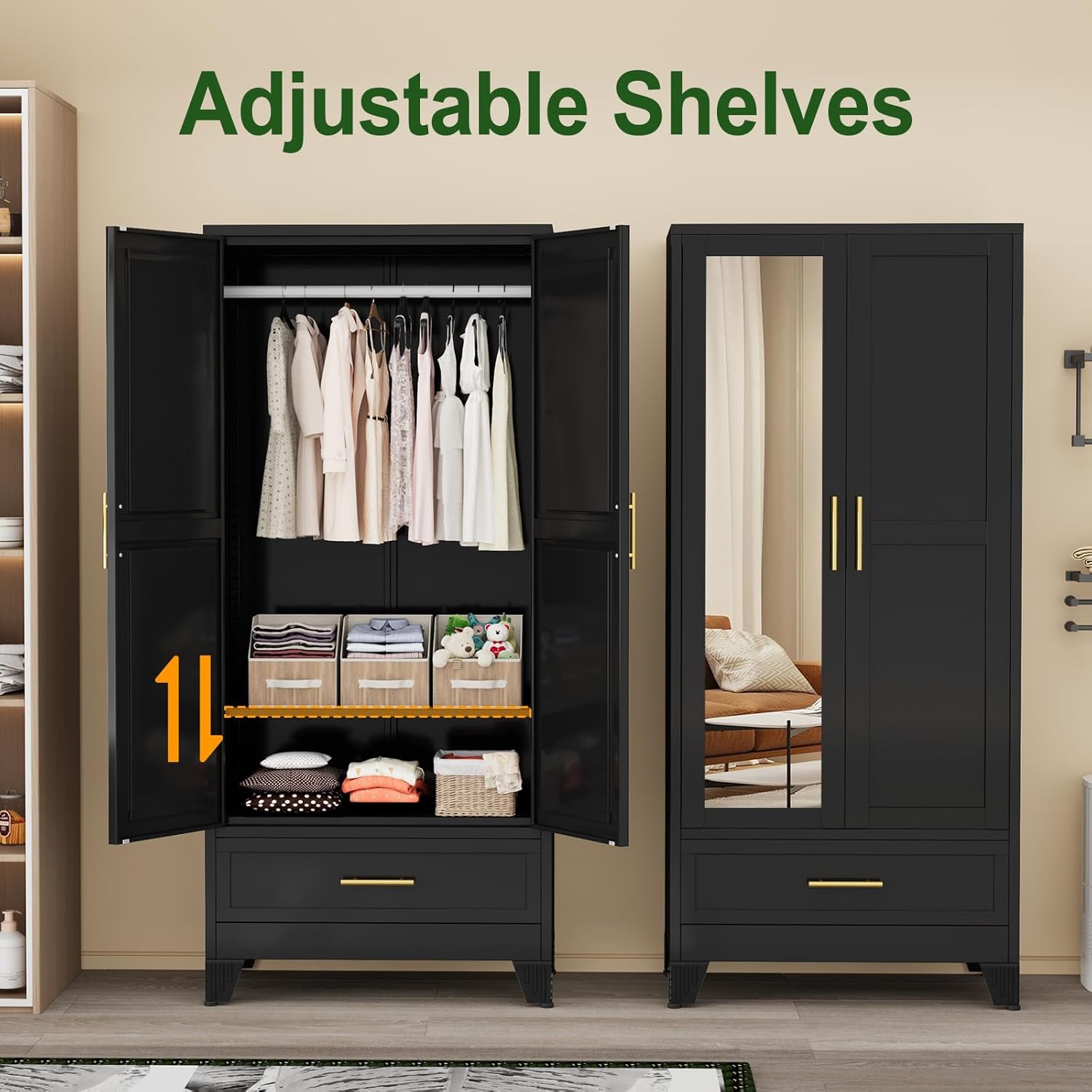 Metal Armoire Wardrobe Closet with 2 Drawers, 71" Wardrobe Cabinet with Adjustable Shelves and Hanging Rod, Clothing Storage Cabinet Closet with Mirror for Bedroom-White