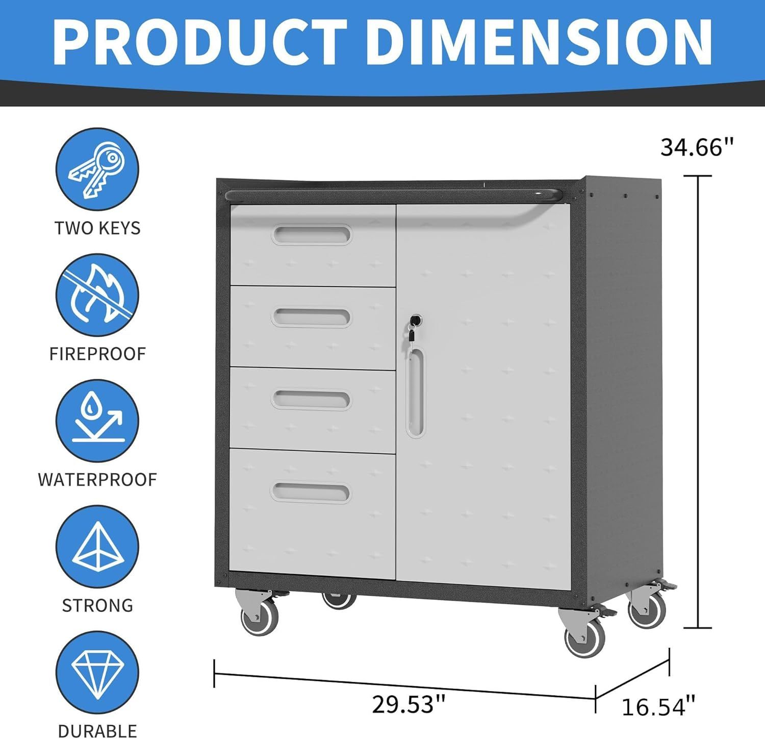 BIZOEIRON - clóset de almacenamiento de metal con ruedas, clóset de cochera con 1 puerta y 4 cajones, almacenamiento de herramientas rodantes, requiere montaje, color negro