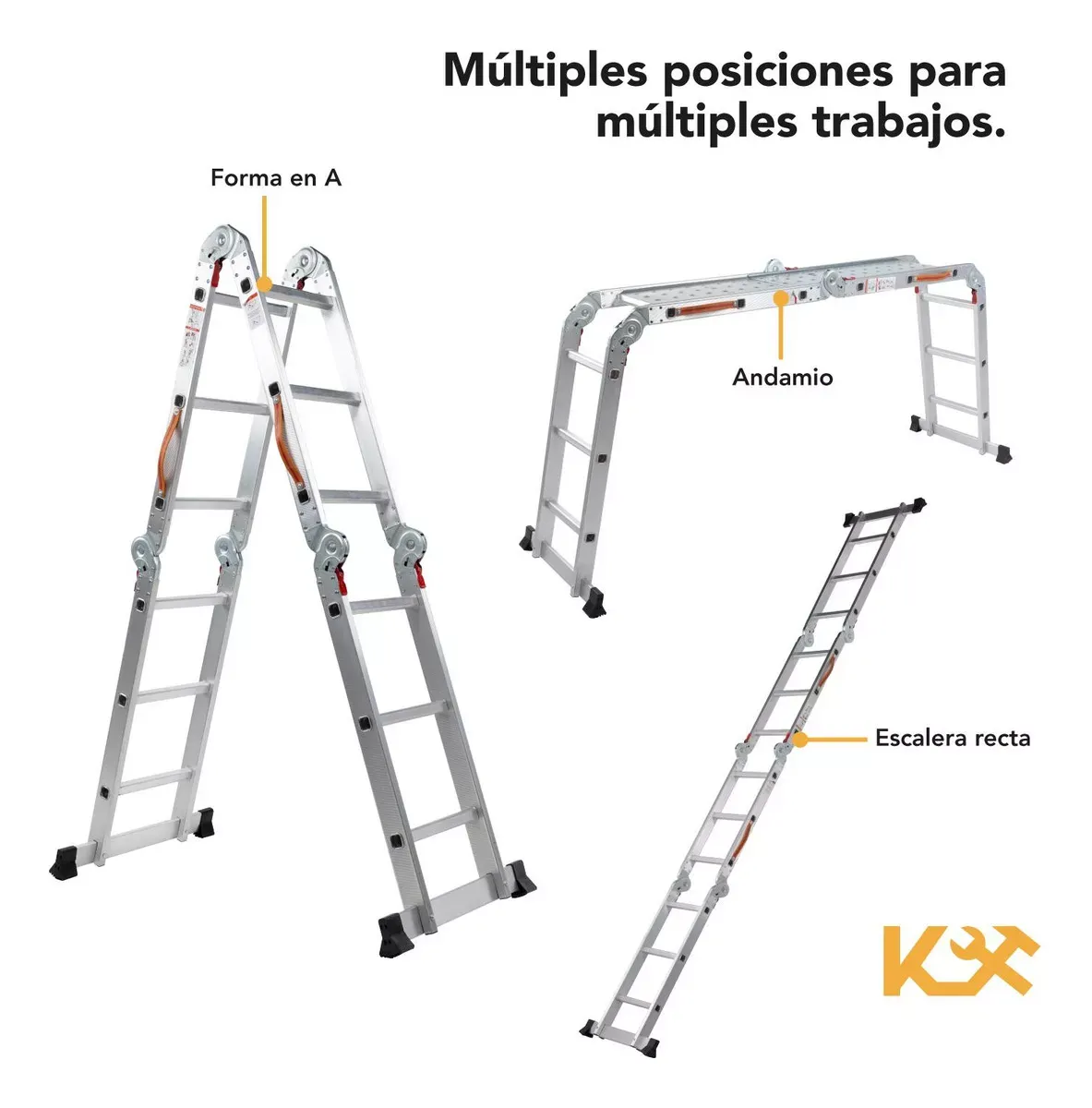 Escalera De Aluminio Multiposiciones Plegable KMEM35 Kingsman De 3.5 Metros Con 12 Peldaños Y Charolas Tipo Tijera Andamio Para 150 kg