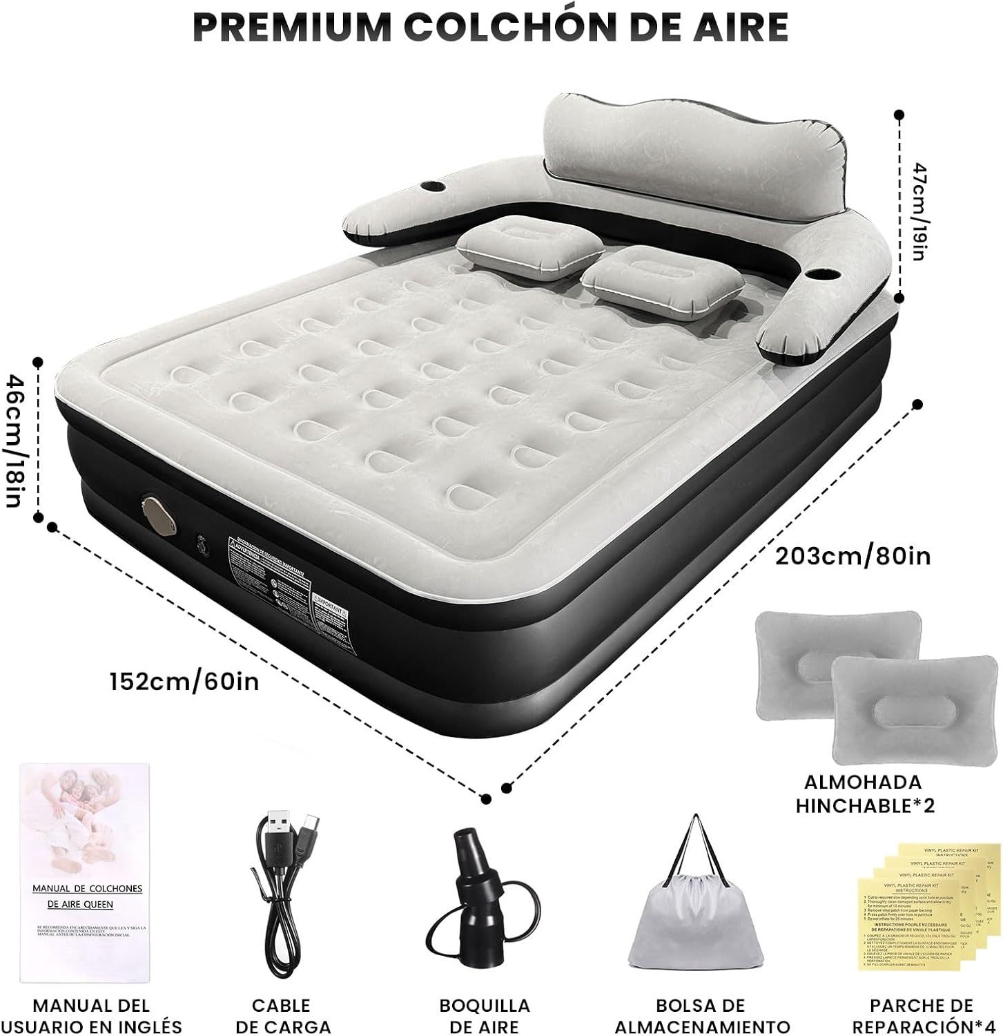 HEEDU Colchón de Aire Inflable con Cabecero, Bomba de Aire Eléctrica Inalámbrica, 2 Almohada Inflable, Inflado Rápido Automático, Cama Inflable Queen para Hogar, Viajes y Camping