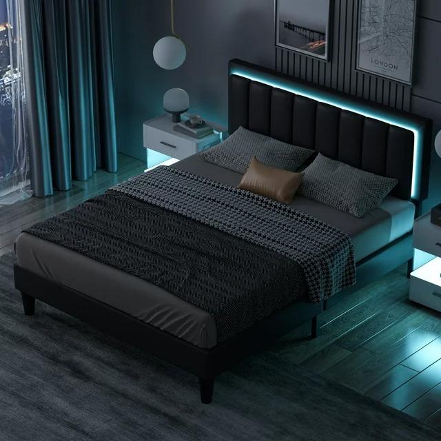 [SummerSale] HOMBCK Led Bed Frame, No Mattress, Soft Modern Bed Frame with Luxury Leather Headboard, APP Adiust the Light, No Box Spring Needed #home essentials#back to school Modern Bedroom Furniture Marshmallow Bed Frame