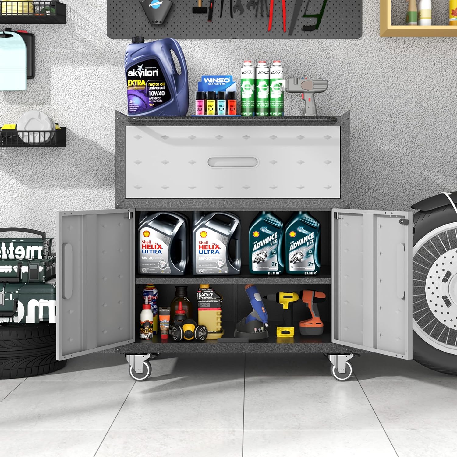 BIZOEIRON - clóset de almacenamiento de metal con ruedas, clóset de cochera con 1 puerta y 4 cajones, almacenamiento de herramientas rodantes, requiere montaje, color negro