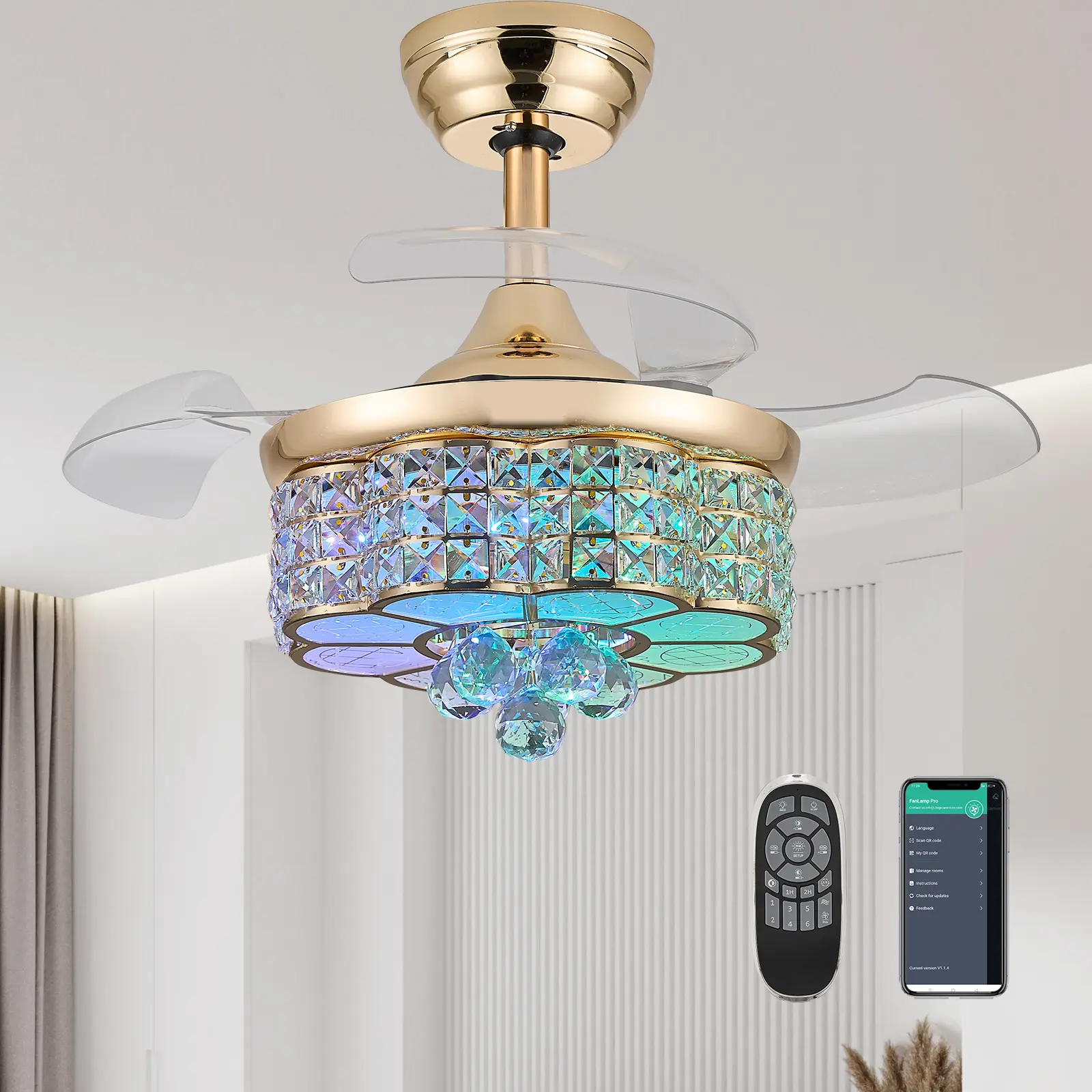 Ventilador de techo retráctil Zynfandor de 30 pulgadas con luz LED regulable estilo lámpara de araña, acabado plateado y cristales RGB; incluye control remoto y por aplicación, temporizador, 6 velocidades y función de memoria; ideal para dormitorio y sala