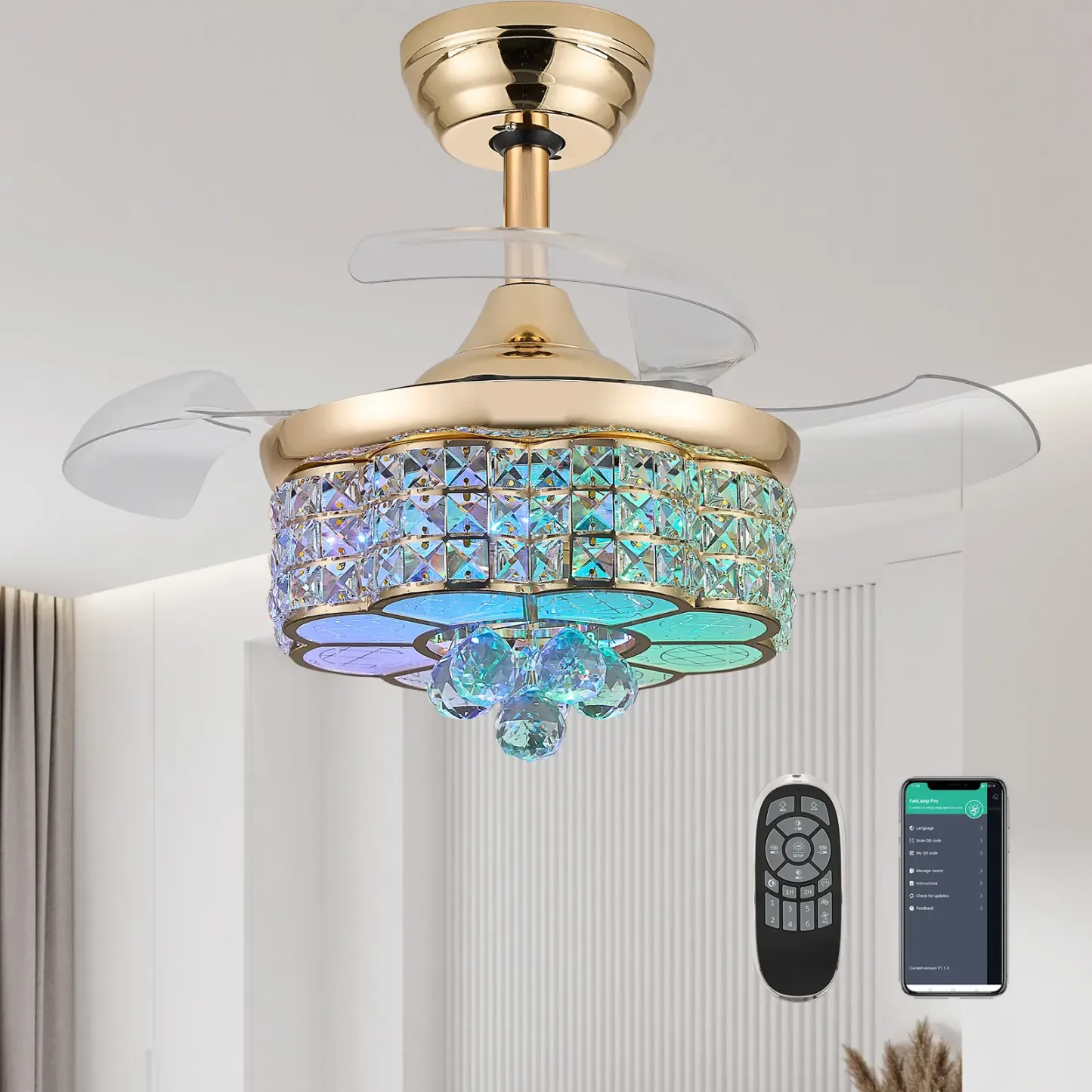 Ventilador de techo retráctil Zynfandor de 30 pulgadas con luz LED regulable estilo lámpara de araña, acabado plateado y cristales RGB; incluye control remoto y por aplicación, temporizador, 6 velocidades y función de memoria; ideal para dormitorio y sala
