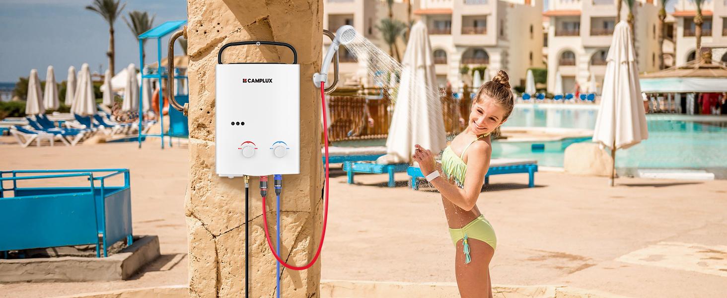 CAMPLUX Multifunction Compact Handheld Portable Tankless Water Heater - 1.32GPM On-Demand Hot Water, Low Pressure Start for Camping Shower, Outdoor RV Use CAMPLUX Multifunction Compact Handheld Portable Tankless Water Heater - 1.32GPM On-Demand Hot Water, Low Pressure Start for Camping Shower, Outdoor RV Use