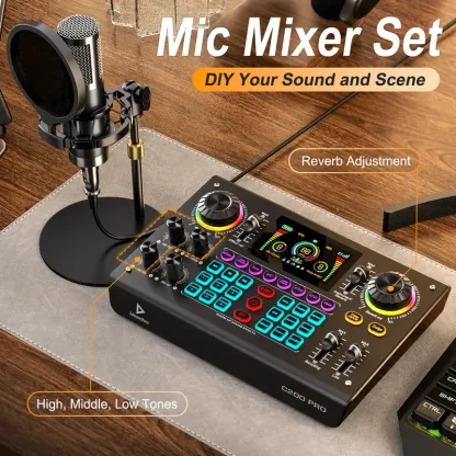 Kit de tarjeta de sonido Ideanthro C200 PRO-P15 | Procesador digital de señal (DSP) de doble núcleo | Mezclador de audio con conectividad para micrófono y auriculares | Cambiador de tono y voz ajustable | Equipo de streaming para PC y dispositivos móviles