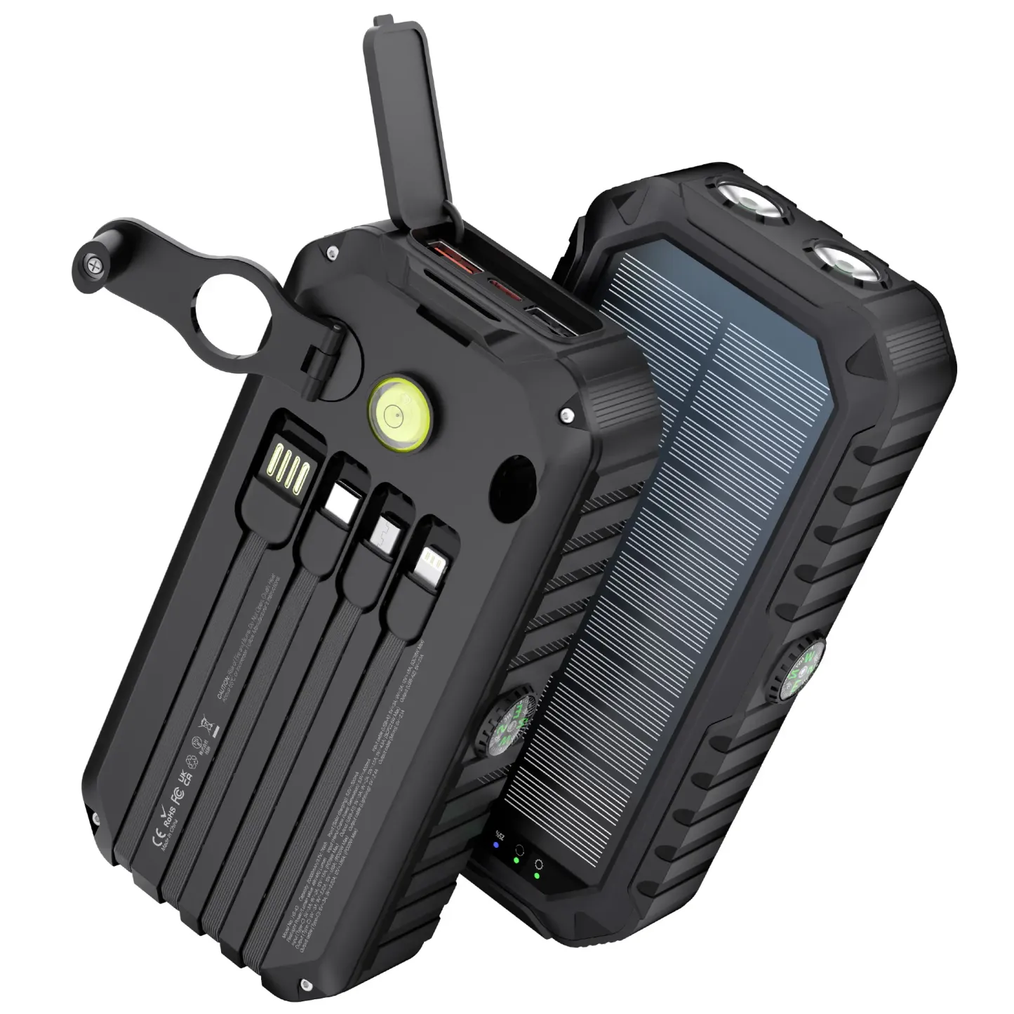 Batería externa Diamuar Solar Charger Power Bank de 40000 mAh con 4 cables y manivela integrados, cargador portátil de 22,5 W de carga rápida con 6 salidas y 4 entradas, linterna brillante y brújula.