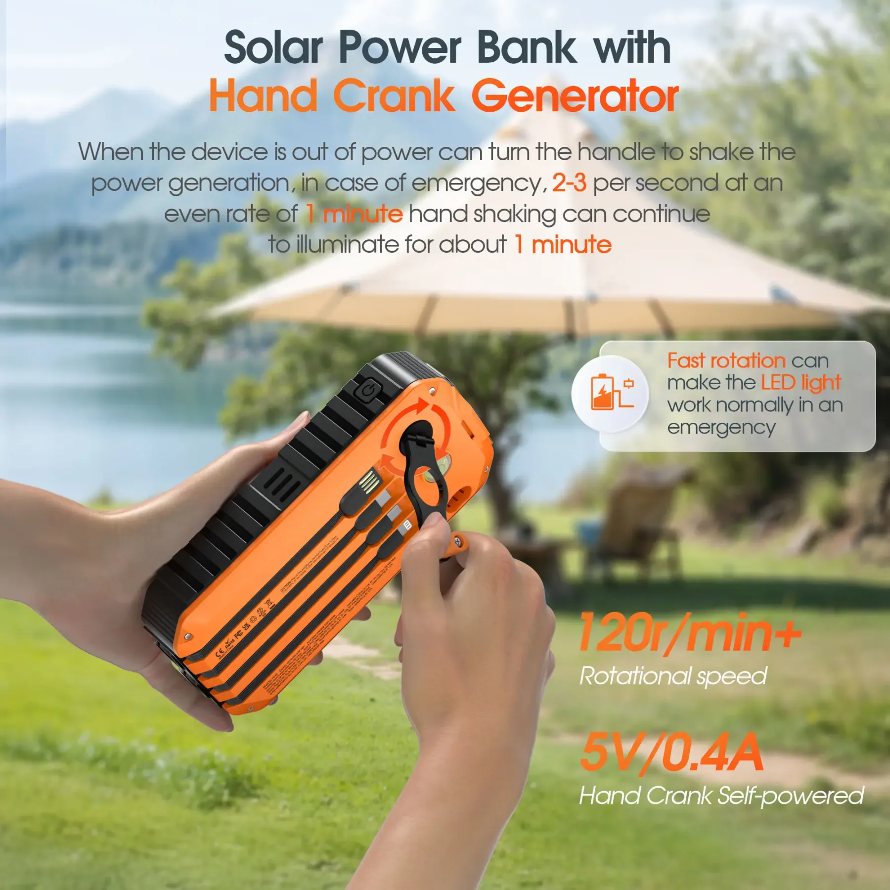 Batería externa Diamuar Solar Charger Power Bank de 40000 mAh con 4 cables y manivela integrados, cargador portátil de 22,5 W de carga rápida con 6 salidas y 4 entradas, linterna brillante y brújula.