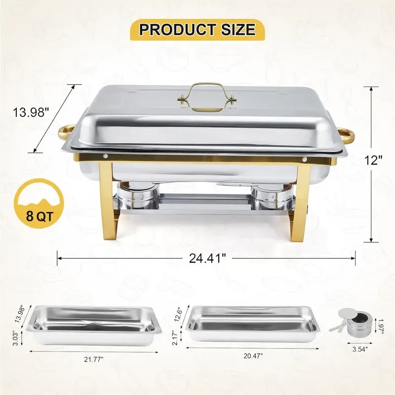 Juego de 8 recipientes rectangulares de acero inoxidable para mantener la comida caliente, ideales para catering.