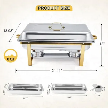 Juego de 8 recipientes rectangulares de acero inoxidable para mantener la comida caliente, ideales para catering.