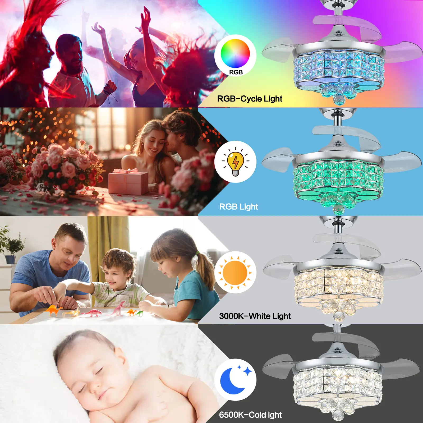 Ventilador de techo retráctil Zynfandor de 30 pulgadas con luz LED regulable estilo lámpara de araña, acabado plateado y cristales RGB; incluye control remoto y por aplicación, temporizador, 6 velocidades y función de memoria; ideal para dormitorio y sala