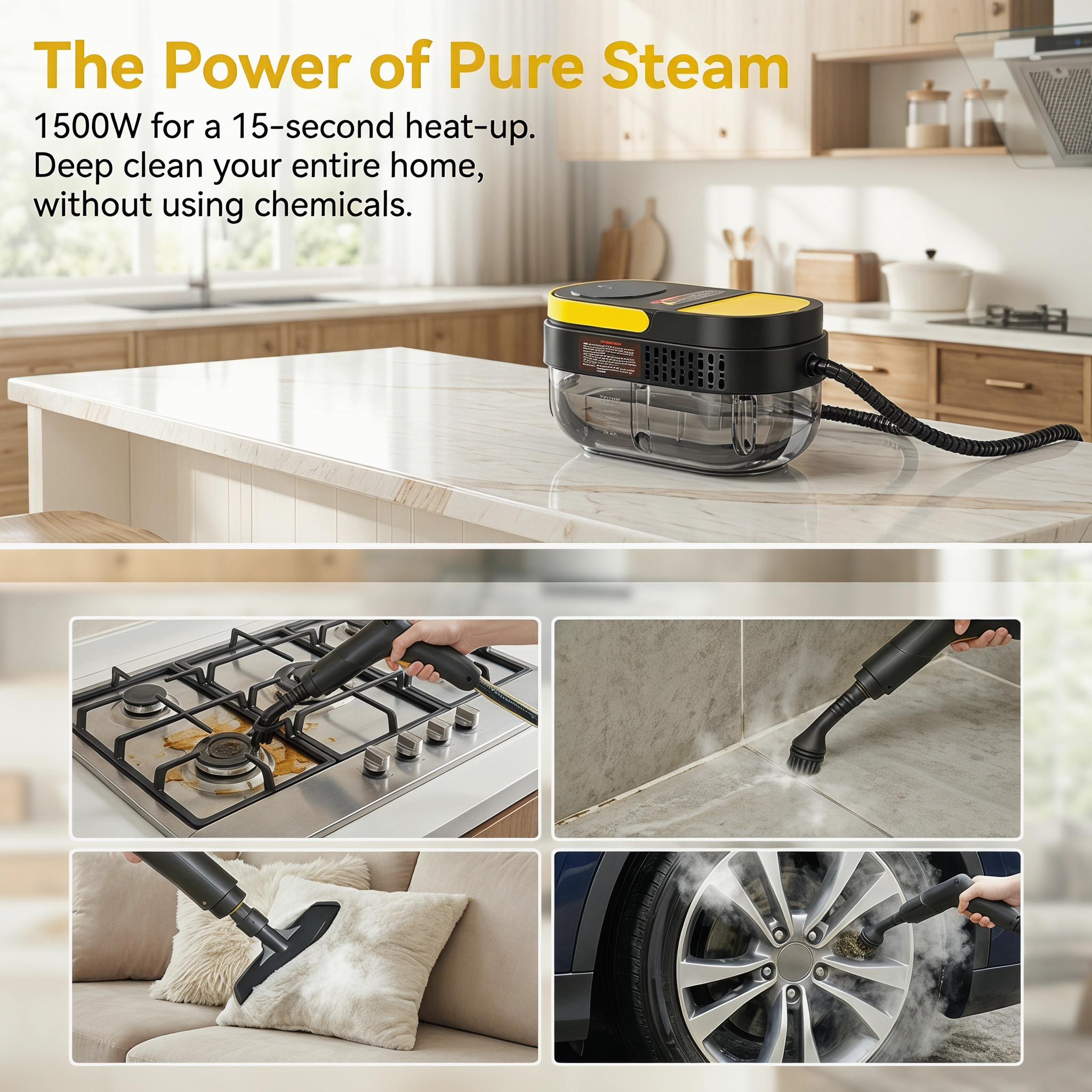 All-Purpose Steam Cleaner with 3-Level Adjustable Handle, Fast Heat-Up System, 1.7 Qt Large Water Tank, Portable Steam Cleaner with 15-Piece Accessory Kit for Floors, Tile, Grout, Kitchen, Bathroom, Car Interior & Tough Grease Removal