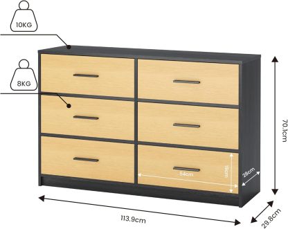 MU:4LIFE Cómoda Elegancia De 6 Cajones, Almacenamiento para Hogar Y Oficina, Organizador Cajonera De Estructura Madera y Cajones De Tela No Tejida y Cubiertas De MDF (Negro y Madera, 6 Cajones)
