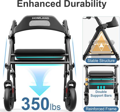 HOMLAND - Caminadores plegables con asiento para personas mayores, ruedas grandes de 8 pulgadas, 350 libras. Capacidad de peso, asas ajustables y altura del asiento, ligero caminante, color azul