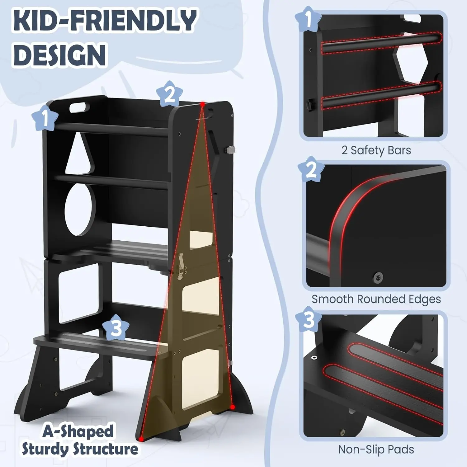 Torre de aprendizaje plegable WOODURE 4 en 1 (taburete de cocina) con pizarra para niños de 1 a 3 años