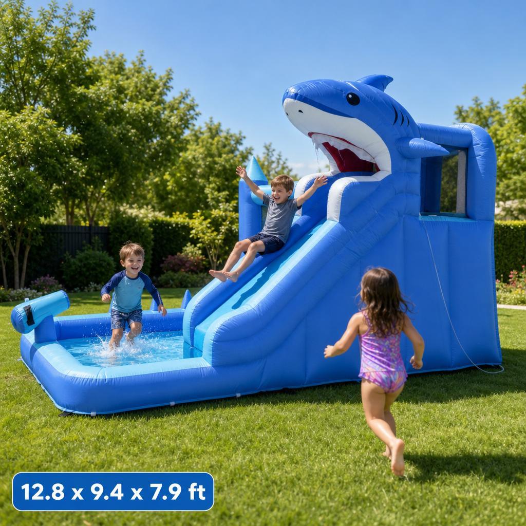 Inflatable Water Slide Bounce House for Kids, 15x12ft Backyard Water Park Bouncy Castle with Double Slides, Splash Pool, Basketball Hoop & Heavy Duty Blower, Outdoor Summer Toy