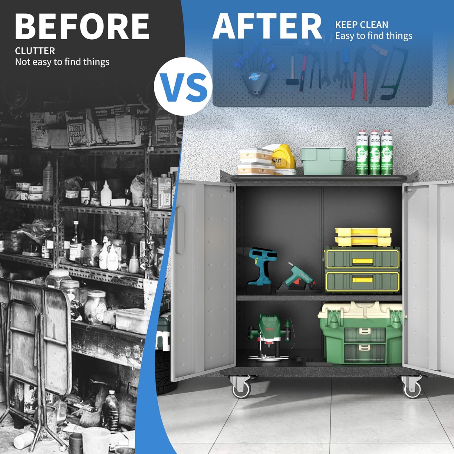 BIZOEIRON - clóset de almacenamiento de metal con ruedas, clóset de cochera con 1 puerta y 4 cajones, almacenamiento de herramientas rodantes, requiere montaje, color negro