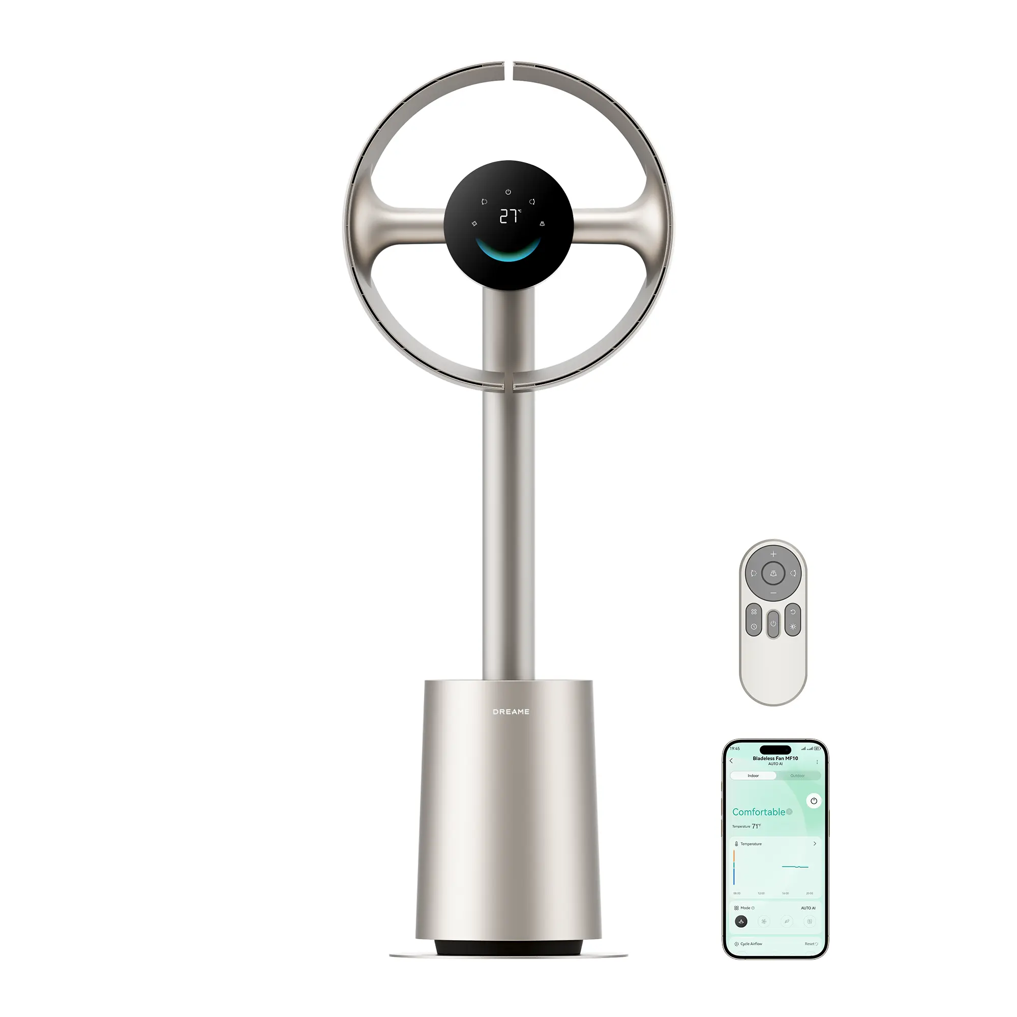 Ventilador de torre sin aspas DREAME MF10 para dormitorio, ventilador de pie inteligente con flujo de aire espacial de 270° para la circulación en toda la habitación, alta velocidad de 59ft/s, 10 velocidades y 3 modos, flujo de aire que se adapta a la tem