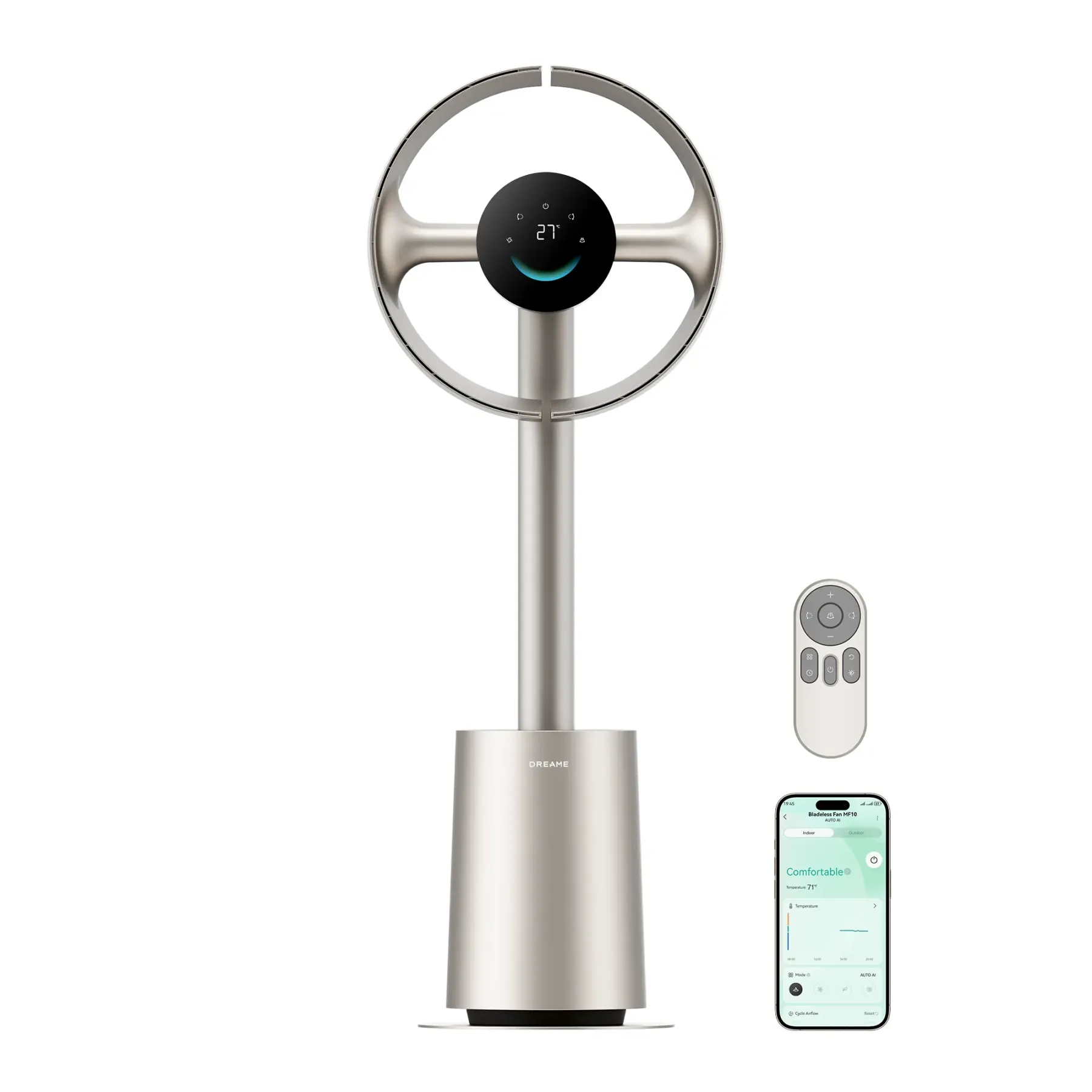 Ventilador de torre sin aspas DREAME MF10 para dormitorio, ventilador de pie inteligente con flujo de aire espacial de 270° para la circulación en toda la habitación, alta velocidad de 59ft/s, 10 velocidades y 3 modos, flujo de aire que se adapta a la tem