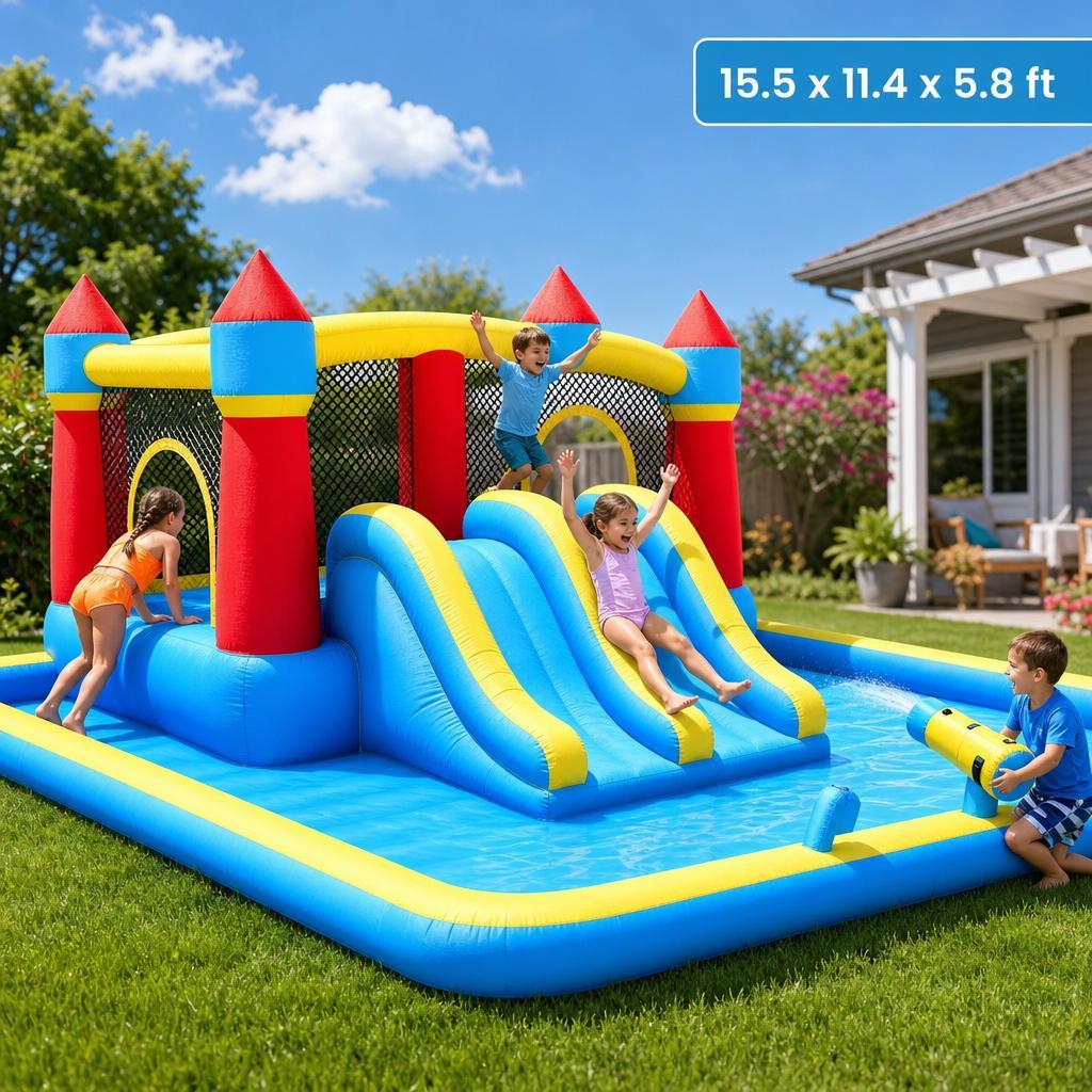 Inflatable Water Slide Bounce House for Kids, 15x12ft Backyard Water Park Bouncy Castle with Double Slides, Splash Pool, Basketball Hoop & Heavy Duty Blower, Outdoor Summer Toy