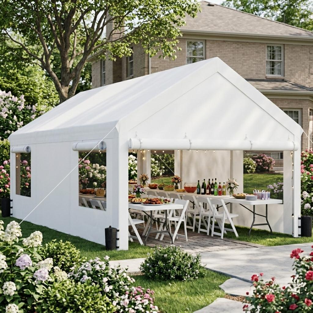 Walsunny Carport 12x20ft Outdoor Car Canopy Portable Garage, Heavy Duty Shed Tent Gazebo Port with Roll-up Ventilated Windows & Removable Sidewalls Shelter Storage Vehicle Party Moisture Prevention for Camp, Farm, Tool, Grey, Khaki, White,Durable Pvc