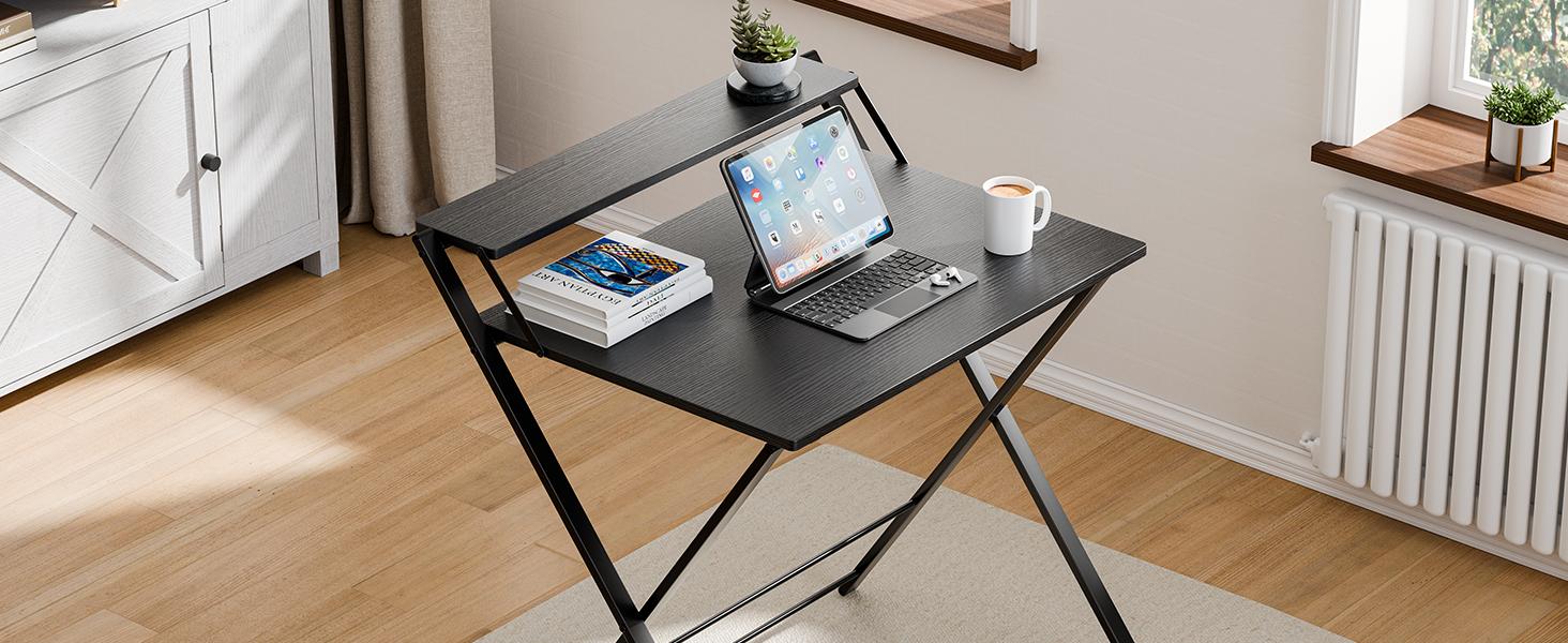 Sweetcrispy Minimalist Modern Foldable Desk - No Assembly Needed, 2-Tier Compact Laptop Desk with Shelf, Modern Style Space-Saving Computer Table for Apartment Home Office, Compact Laptop Desks, Minimalist Modern Desks