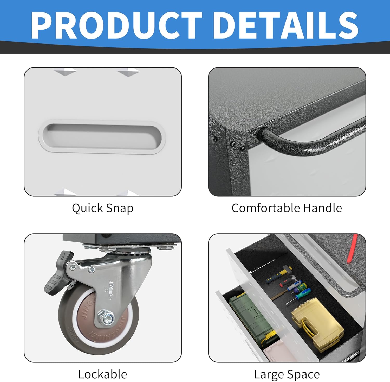 BIZOEIRON - clóset de almacenamiento de metal con ruedas, clóset de cochera con 1 puerta y 4 cajones, almacenamiento de herramientas rodantes, requiere montaje, color negro